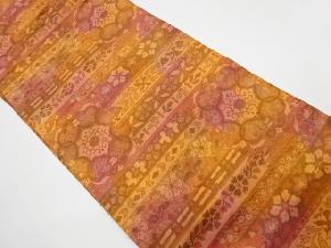 リサイクル　横段に華紋・草花模様織出し名古屋帯